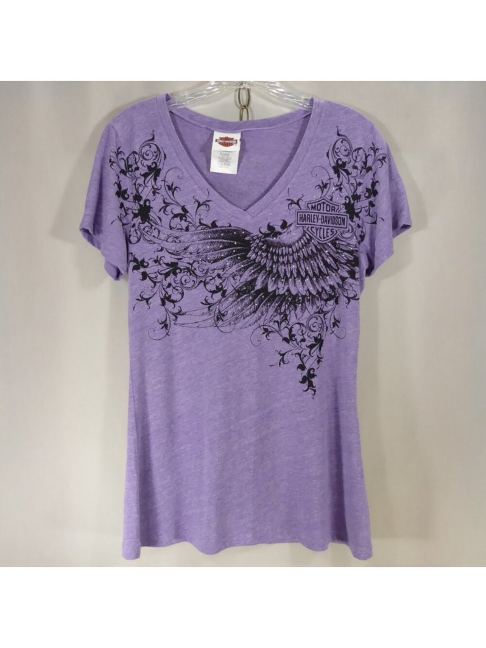 Harley Davidson Womens L Light Purple V-Neck Rhinestone T-Shirt Wings Bedford OH